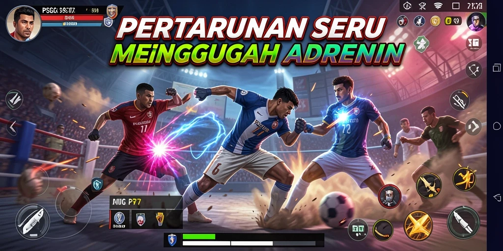 Tampilan seru dari pertarungan dalam PSG77 dengan karakter yang beragam.