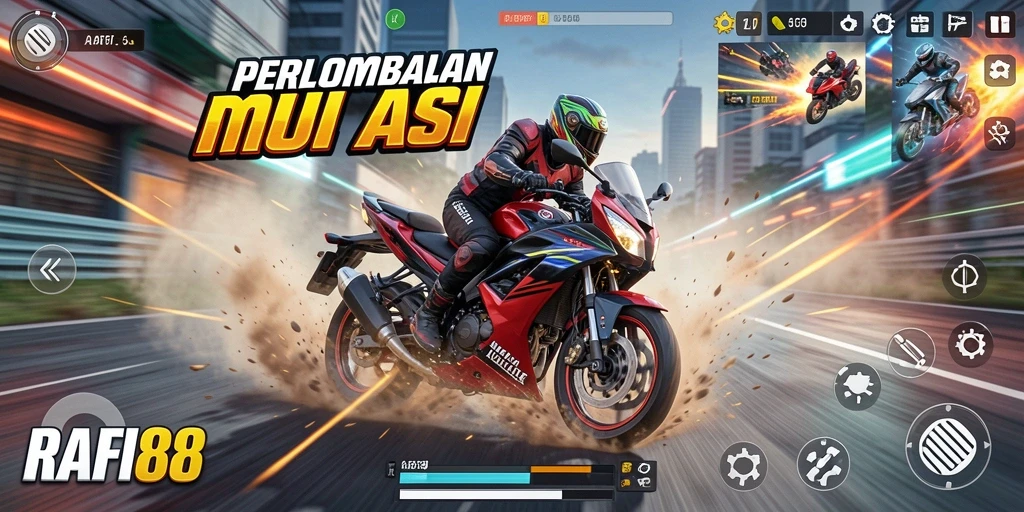 Tampilan gameplay balap motor yang mendebarkan dan penuh warna.