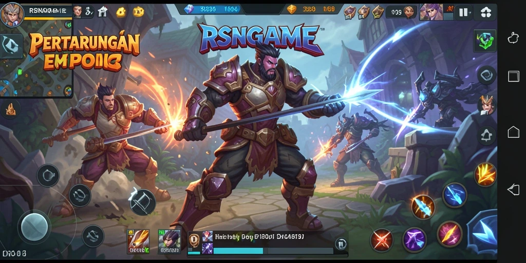 Tampilan gameplay seru RSNGAME yang menampilkan karakter epik dalam pertempuran.